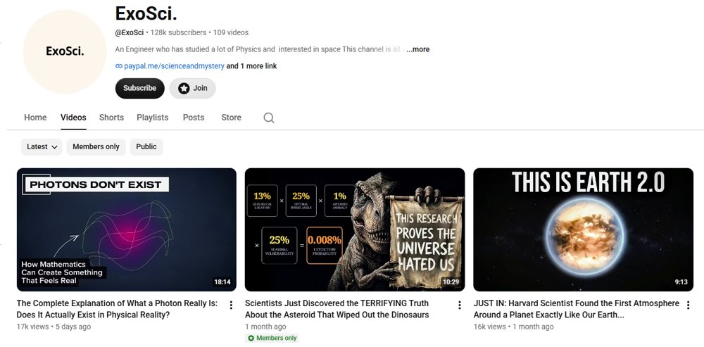 ExoSci. YouTube channel screenshot