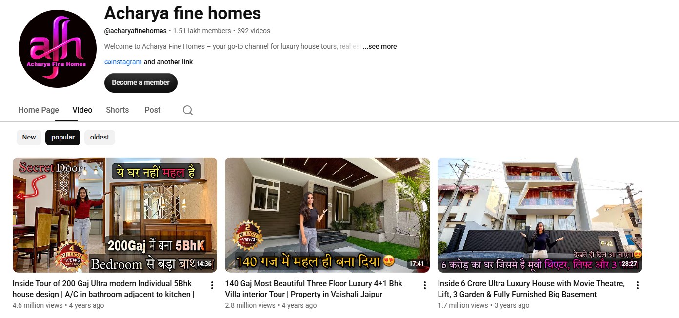 Acharya Fine Homes YouTube channel screenshot