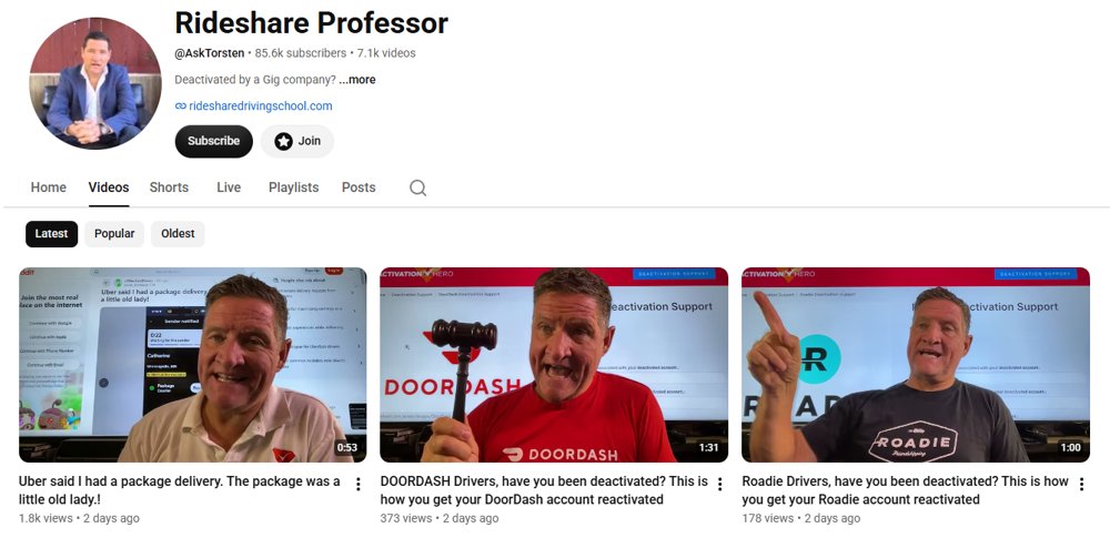Rideshare Professor YouTube channel screenshot