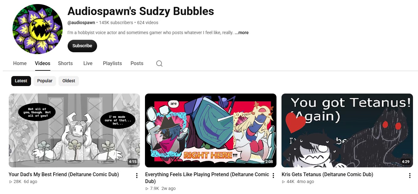 Audiospawn's Sudzy Bubbles YouTube channel screenshot