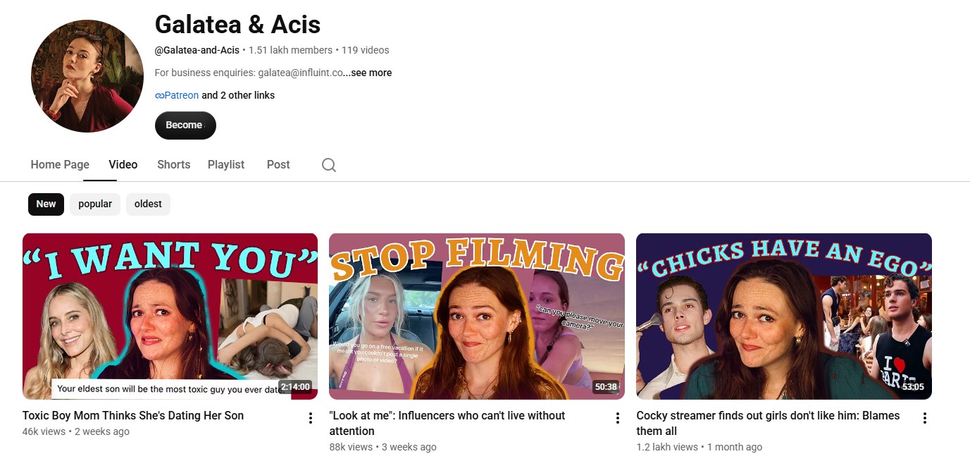 Galatea & Acis YouTube channel screenshot