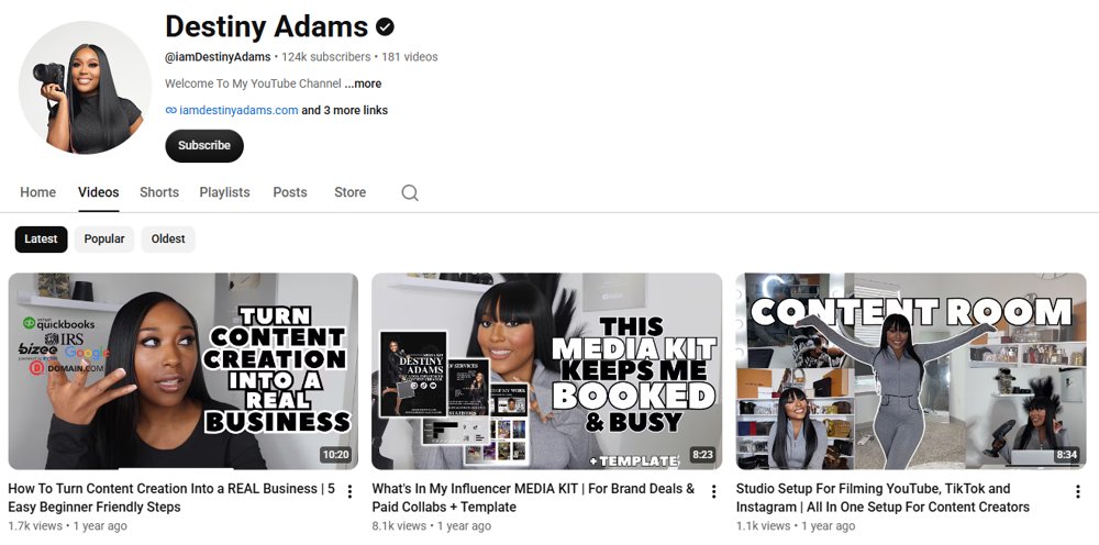 Destiny Adams YouTube channel screenshot