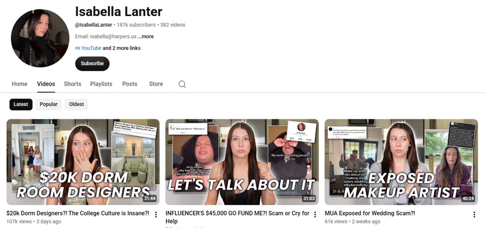 Isabella Lanter YouTube channel screenshot