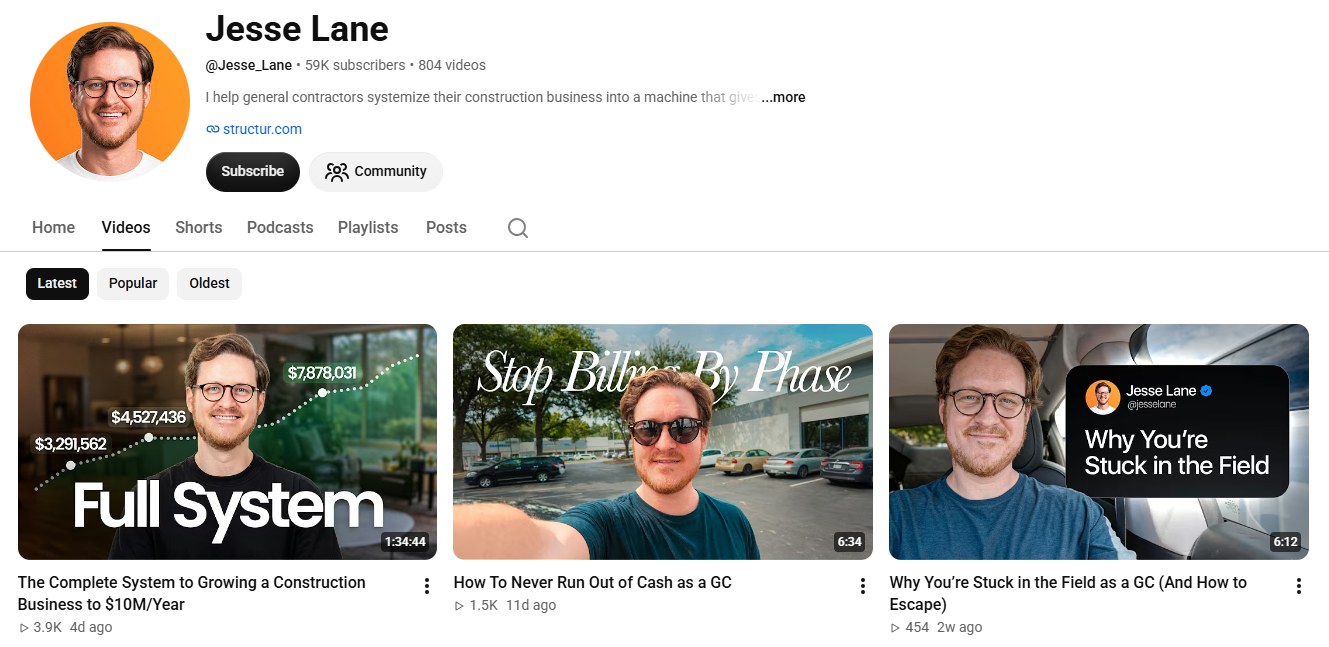 Jesse Lane YouTube channel screenshot