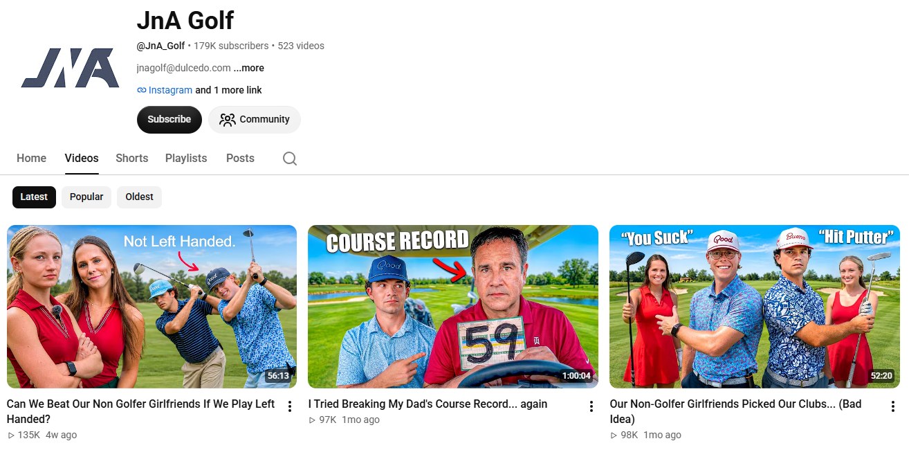 JnA Golf YouTube channel screenshot