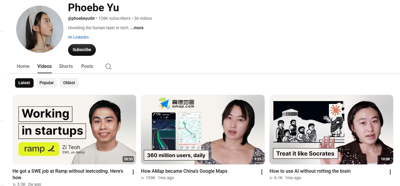 Phoebe Yu YouTube channel screenshot