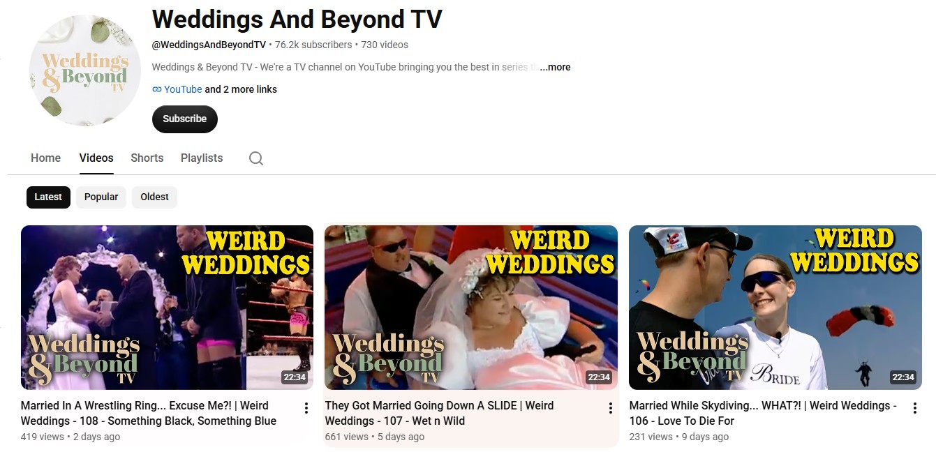 Weddings And Beyond TV YouTube channel screenshot